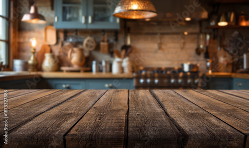 Rustic wooden countertop with blurred kitchen background and jars
