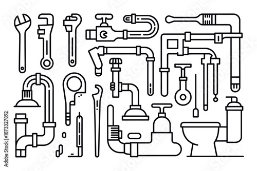 A collection of plumbing tools and fixtures in a line drawing style
