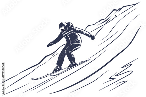 Skier descending snowy mountain winter sports illustration on white background