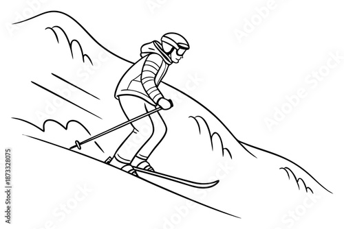 Skier descending snowy mountain with dynamic snow trail action illustration