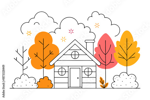 Line drawing woodland cabin surrounded by fall trees coloring page