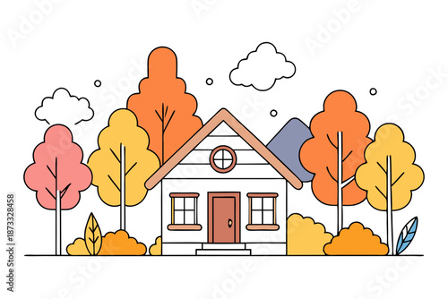 Line drawing cozy cabin autumn forest coloring book page for kids