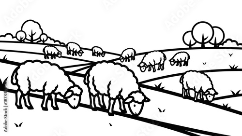 Black vector silhouette illustration of farm animals including sheep and cattle in a snowy mountain nature landscape with trees and wild wildlife art design