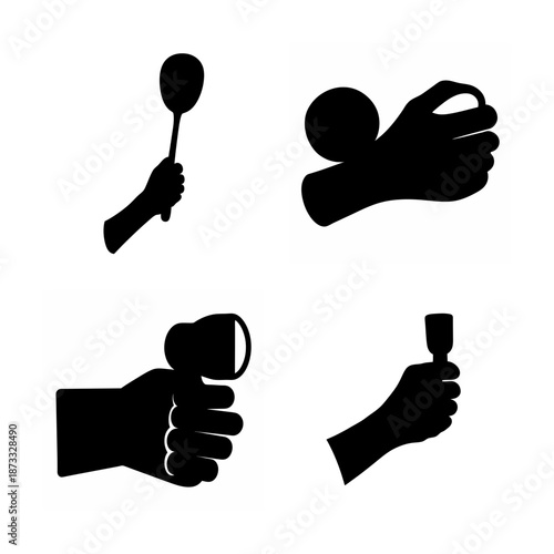 Collection of diverse hands holding everyday objects in minimalist silhouette form