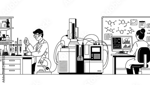 Vector illustration of a funny young business woman using a laptop computer in a room with comic gag icons and food