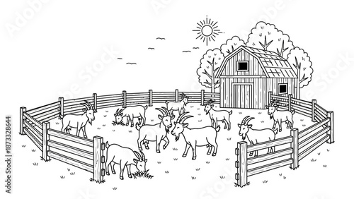 Hand drawn vintage sketch of an old farm house and barn building in a rural mountain landscape illustration featuring architecture and trees in a black vector art style