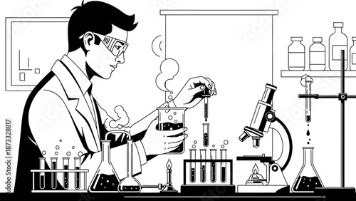 A funny cartoon illustration of a young man with a microphone and laptop in a busy business office surrounded by diverse people and food drawing elements