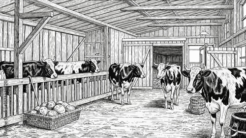 A herd of black and white dairy cows grazes on the green grass of a rural farm landscape where livestock and traditional agriculture thrive in the natural village nature