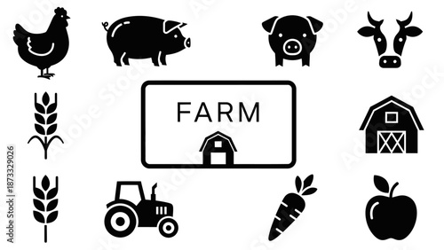 Black vector icon set of farm animals with simple silhouettes including cow dog and cat in a clean cartoon style