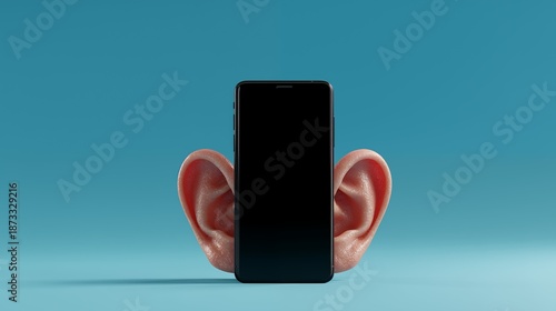 Smartphone with ears symbolizing phone listening and privacy invasion on blue background