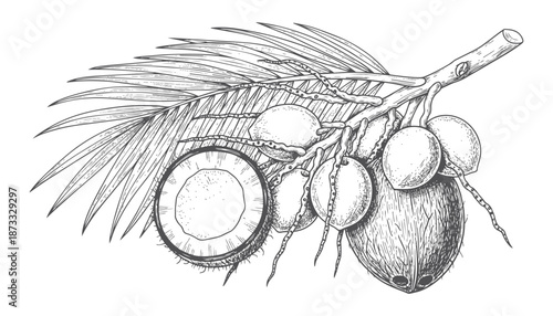 Coconut palm branch vector illustration with whole and half coconuts and a large palm leaf