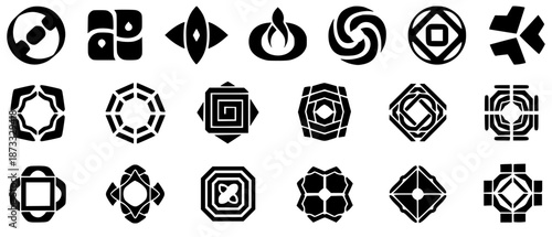 A collection of diverse abstract black and white geometric symbols and icons, featuring various shapes, patterns, and designs suitable for logos or graphic elements.