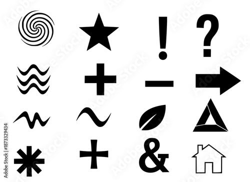 A collection of diverse black and white graphic symbols, icons, and basic shapes including a spiral, star, question mark, plus, minus, arrow, leaf, and house.