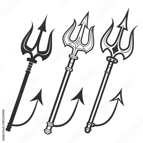 Three ornate tridents with decorative handles and curved tines are presented in a striking black silhouette