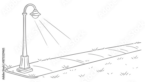 A simple illustration depicting a vintage street lamp illuminating a pathway rendered as a silhouette