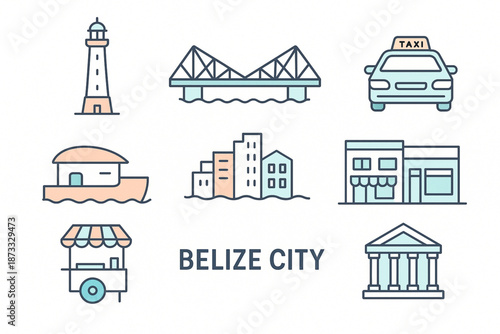 Belize City Icon Set with Landmarks, Skyline, and Urban Life Symbols
