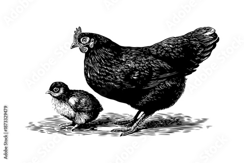 Mother hen and baby chick illustrated in realistic black ink style on white background, concept of care, nature, and rural life