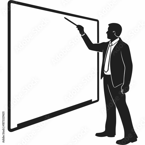 a professional man in a suit is giving a presentation using a pointer and whiteboard silhouette