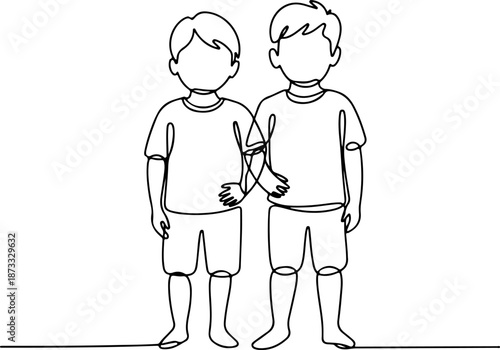 Continuous Line Drawing of Siblings Standing Side by Side – Minimal One Line Family Bond Illustration, Warm Modern Design