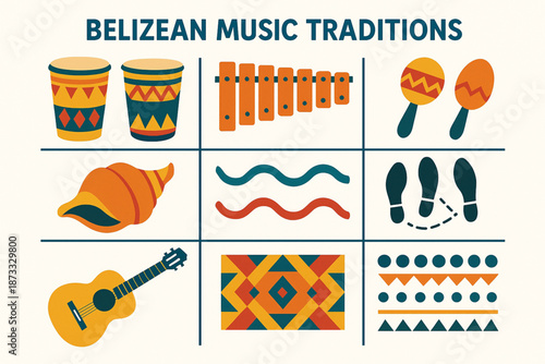 Belizean Music Tradition Icon Set with Garifuna Drums, Marimba, and Folk Instruments