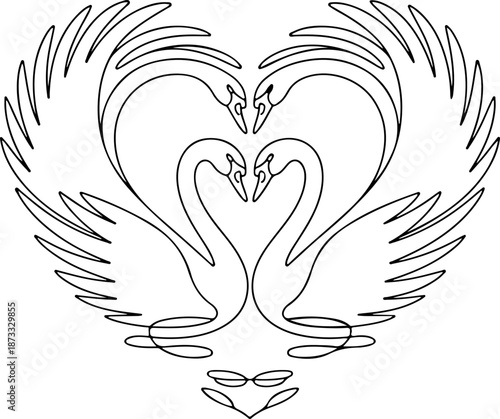 Continuous Line Drawing of Swans Forming a Heart Shape – Minimal One Line Love and Harmony Illustration, Elegant Romantic Design