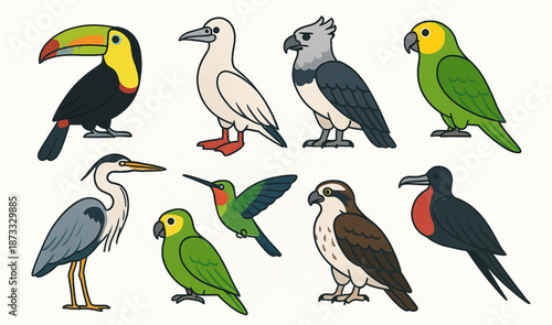 Belize Birdlife Icon Set with Tropical Birds and Wildlife