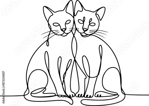 Continuous Line Drawing of Two Cats Sitting Together – Minimal One Line Feline Companionship Illustration, Cozy Modern Design
