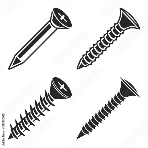 a collection of various screw designs presented in a minimalistic black and white silhouette high quality