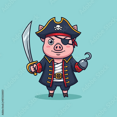 Cute Pig Pirate with Sword and Hook Hand.