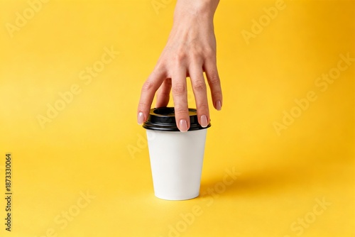 Hand Reaching for Coffee Cup for Morning Work Break, Refreshing Energy Boost for Busy Professionals