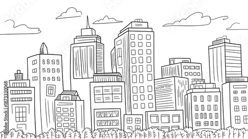 Cartoon City Skyline Outline | Hand-Drawn Urban Landscape Doodle