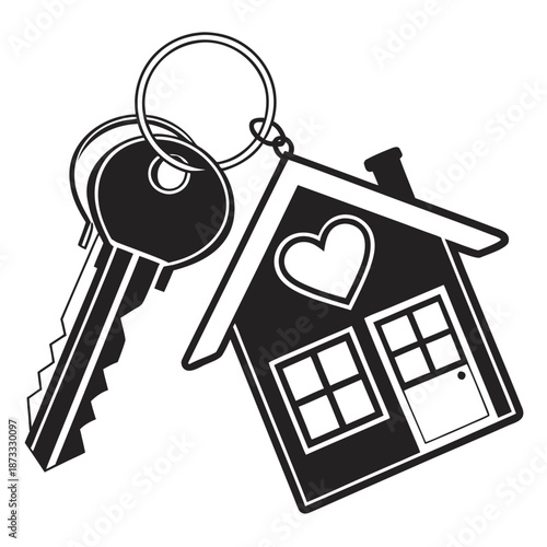 A black and white illustration depicts keys and a house charm hanging from a circular keyring silhouette