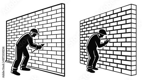 A construction worker repairing a brick wall depicted in a stark black and white silhouette