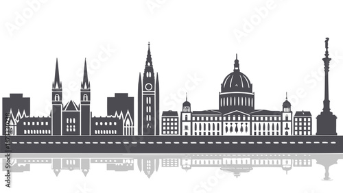 Detailed black and white skyline illustration of a european city with notable landmarks a striking silhouette
