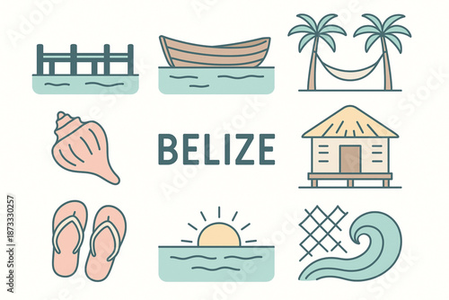 Belize Coastal Life Icon Set with Beach, Boats, and Tropical Lifestyle Symbols