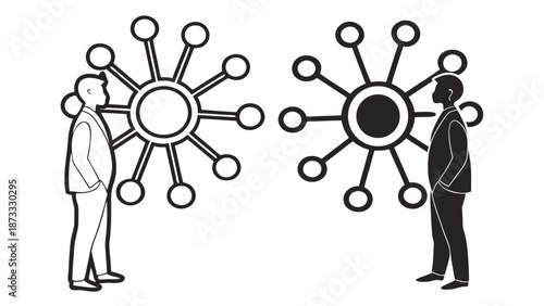 Two business people contemplate complex network diagrams representing connection and strategy in a striking silhouette