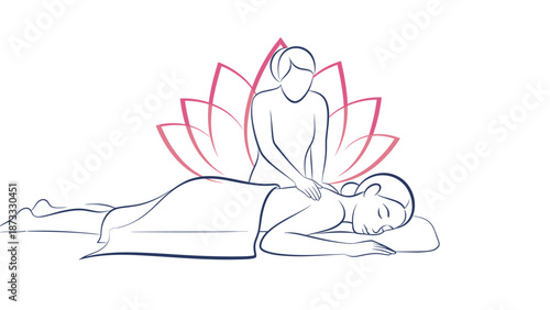 Relaxing spa massage illustration of a woman lying down with a therapist and a large lotus flower in the background.