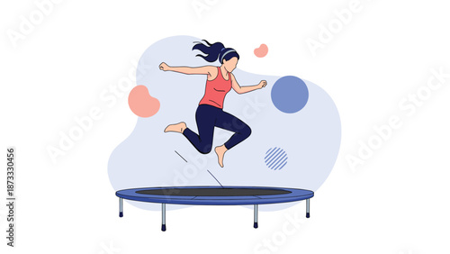 Energetic young girl in sports clothing jumping high on a blue trampoline with abstract shapes in the background.
