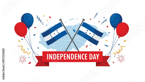Honduras independence day celebration features national flags crossed over the country map with festive balloons and colorful confetti for holiday.