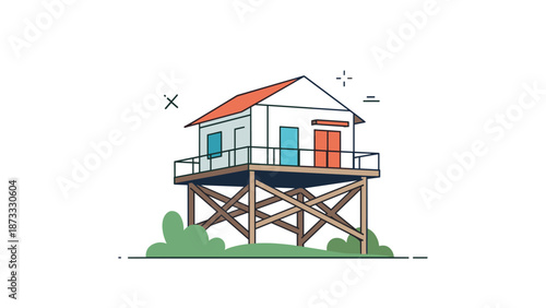 Modern stilt house design illustration showcases a small white home with a red roof perched on wooden supports above lush green vegetation and bushes.