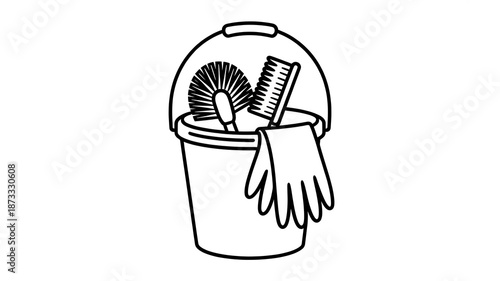 Cleaning Bucket with Brushes and Glove Icon - Housekeeping Tools Line Art