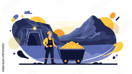 Professional miner standing next to a cart filled with precious gold nuggets in front of a mountain entrance during a productive mining operation.