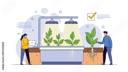 Researchers conduct experiments in a modern indoor agricultural laboratory using hydroponic systems and specialized grow lights to cultivate plants.