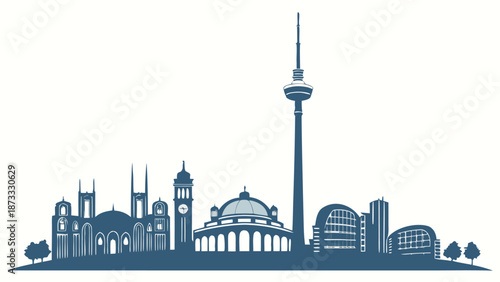 A striking cityscape view featuring iconic berlin landmarks rendered in a distinctive dark blue silhouette