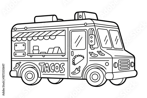 A black and white illustration of a taco food truck for coloring