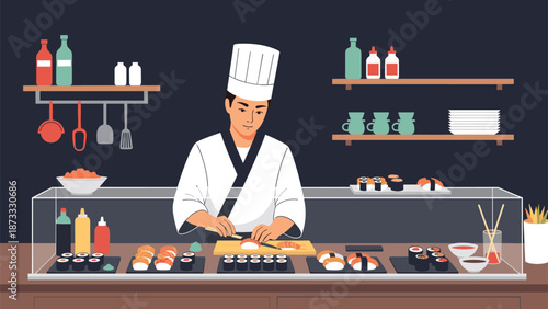 Skilled japanese chef prepares fresh sushi and sashimi behind a glass display counter in a traditional restaurant kitchen setting illustration.