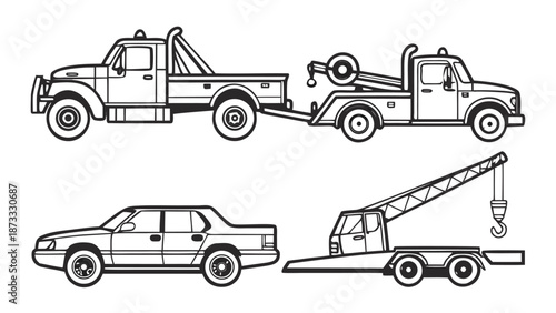 Detailed black and white illustration depicts a tow truck and a sedan showing their side profiles silhouette