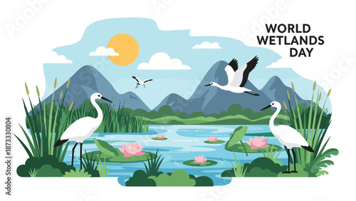 Scenic World Wetlands Day graphic showcases graceful white cranes and blooming water lilies in a lush marshland environment under a bright yellow sun.