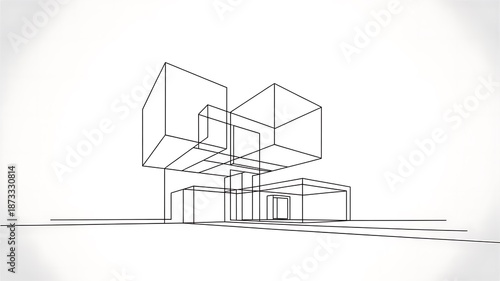 Complex Architectural Wireframe Building Sketch - Abstract Modern Urban Structure Line Art