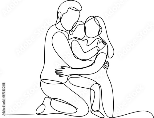 Continuous Line Illustration of a Family Embrace – Minimal One Line Love and Protection Art, Warm Emotional Wall Design